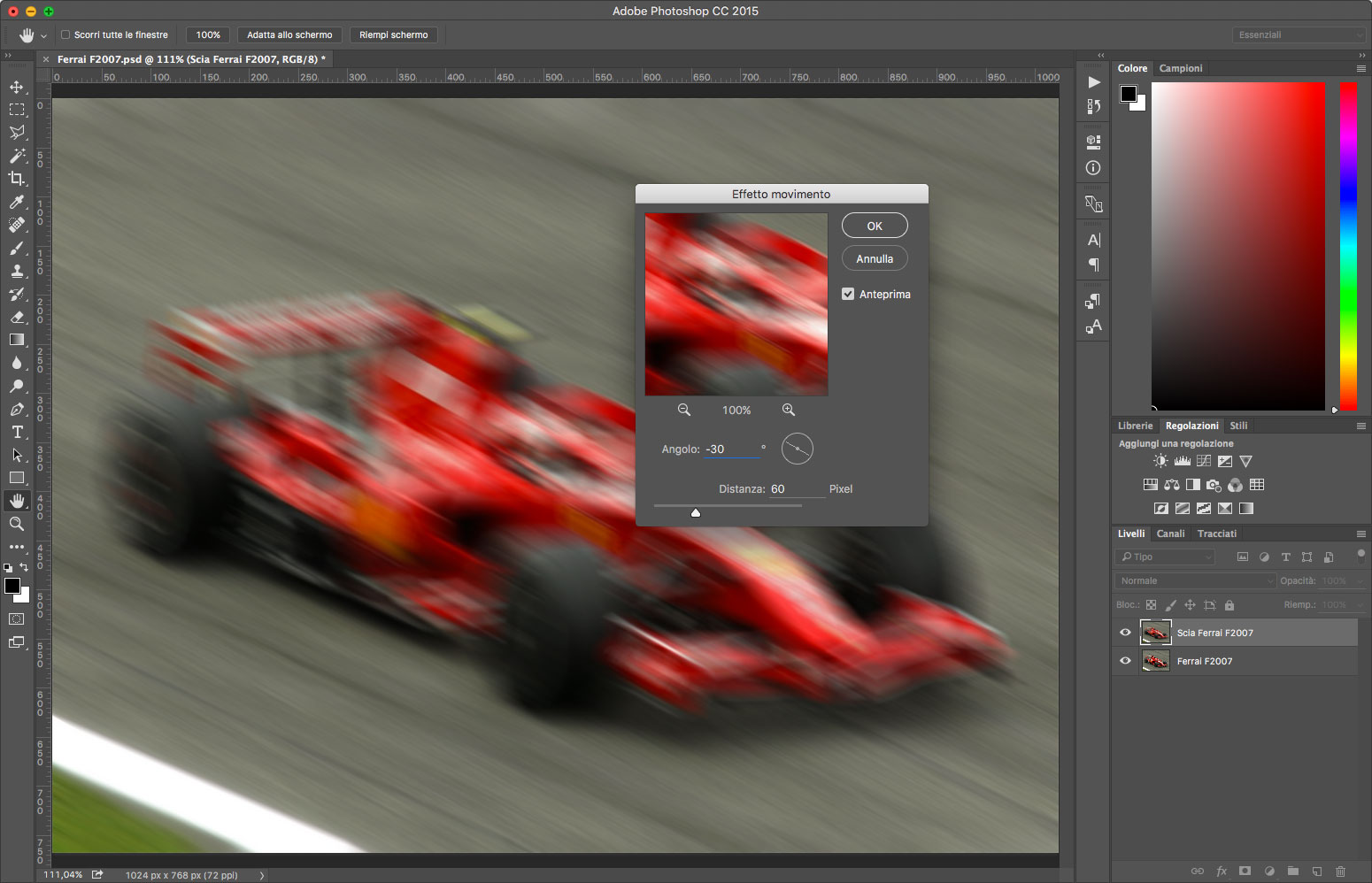 Figura 2: applicando un Effetto movimento, abbiamo creato una versione sfocata della Ferrari che useremo per creare l’illusione della forte velocità