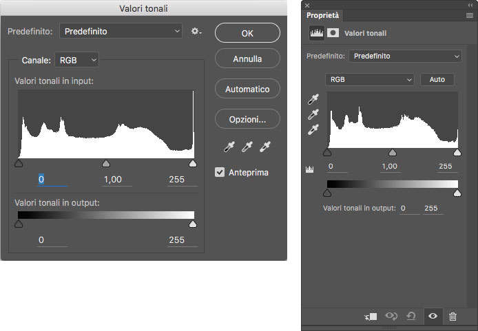 Figura 3: a sinistra la finestra Valori tonali, a destra la palette Proprietà per i valori tonali