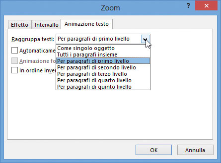 Figura 2: opzioni di animazione del testo