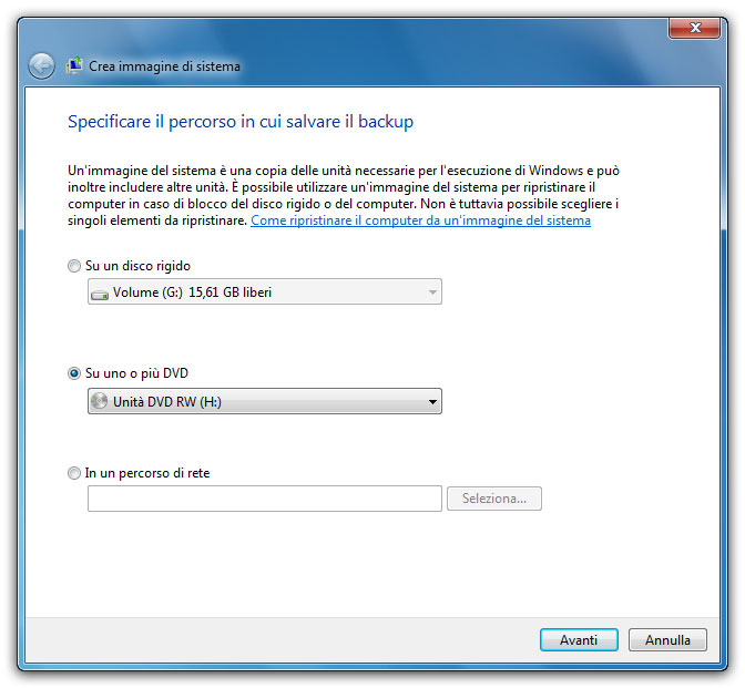 Figura 4: anche con il backup di sistema è necessario specificare il percorso in cui salvare i file