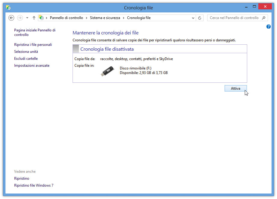 Figura 1: la finestra del Pannello di controllo per l’attivazione e la gestione di Cronologia file