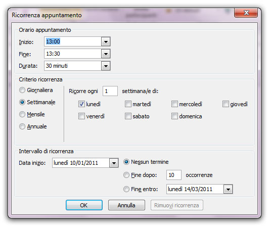 Figura 3: La finestra Ricorrenza appuntamento