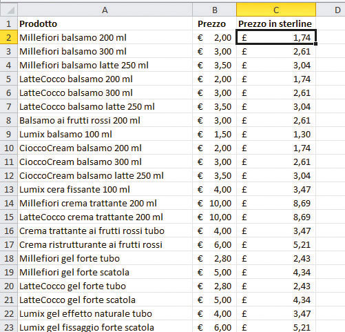 Figura 5: il listino convertito in sterline