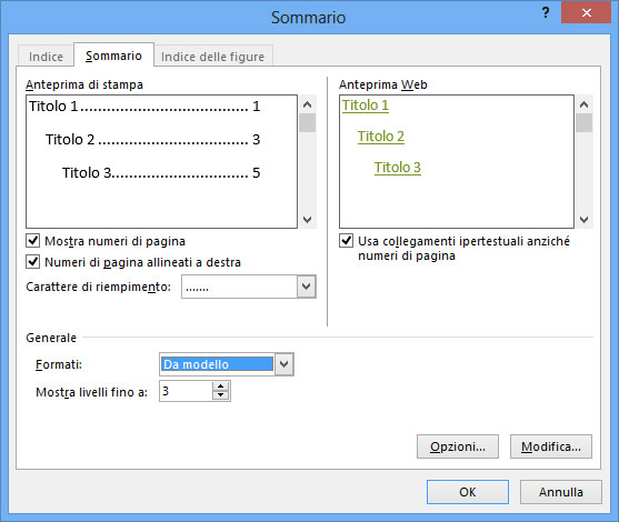 Figura 2: tramite la finestra Sommario è possibile personalizzarle l’aspetto del sommario