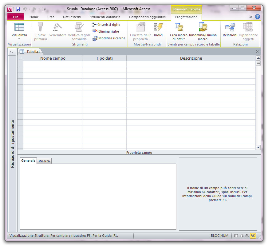 Figura 11: la struttura di una nuova tabella