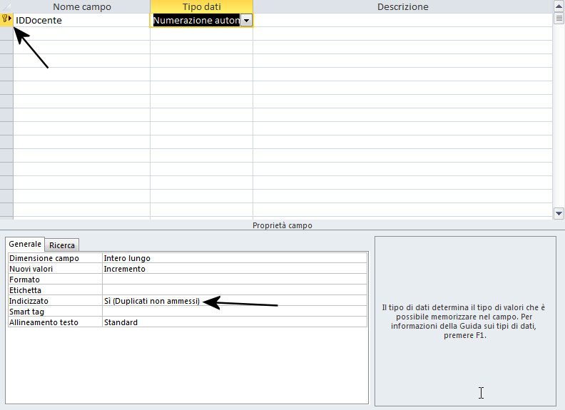 Figura 12: IDDocente è stato scelto come chiave primaria del campo
