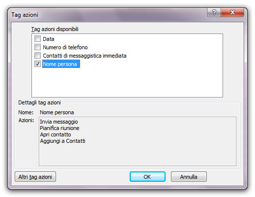Figura 14: la finestra Tag azioni 