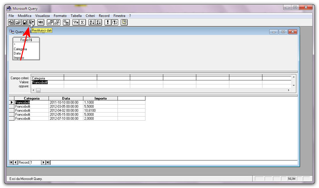 Figura 4: il pulsante Restituisci i dati, permette di inviare i dati filtrati a Excel