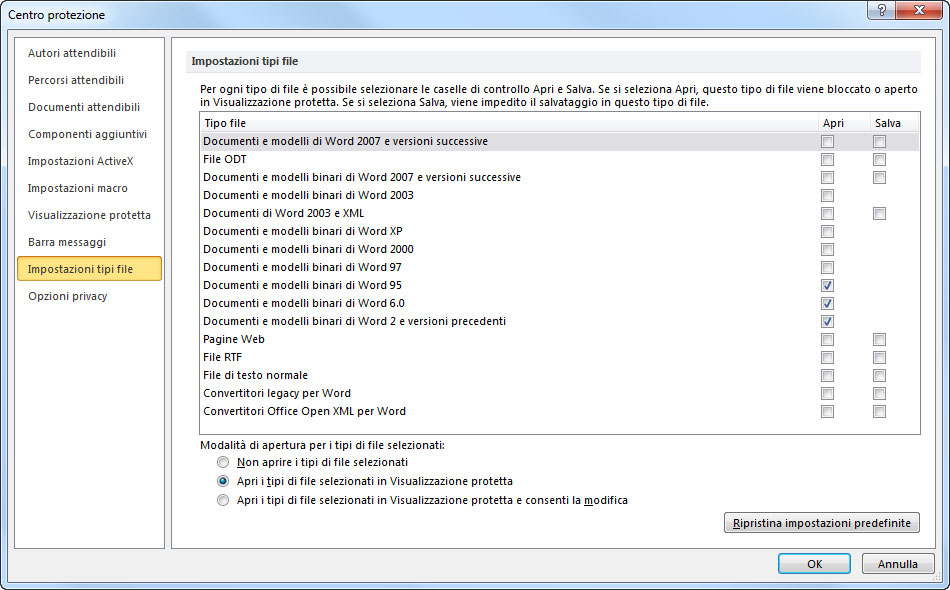 Figura 5: la sezione Impostazione tipo di file della finestra Centro protezione