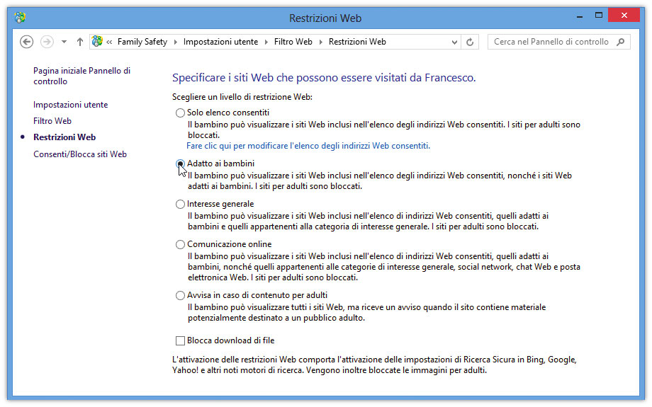 Figura 4: scelta del livello di filtro per Family Safety