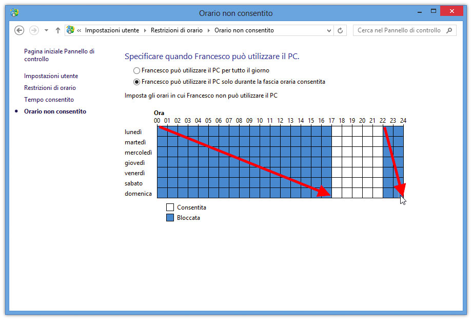 Figura 7: limitazione degli orari di impiego del computer