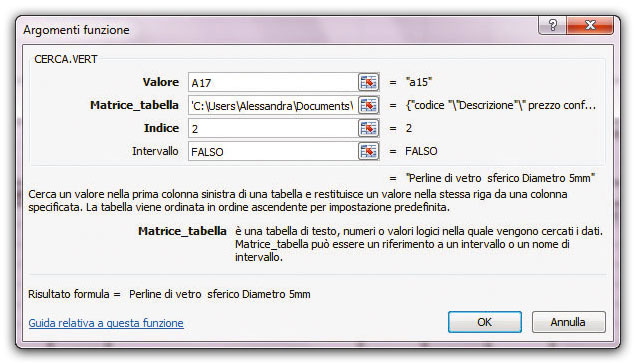 Figura 11: gli argomenti per la funzione CERCA.VERT