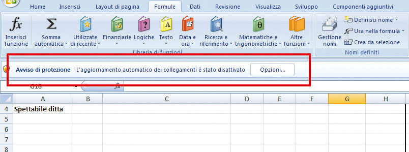 Figura 12: Excel 2007 indica che il file accede a dati esterni