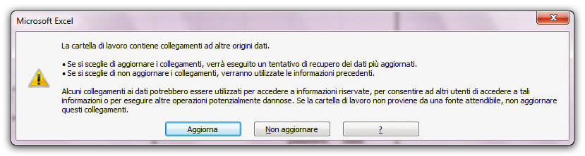 Figura 13: Excel 2003 e 2010 indicano che il file accede a dati esterni