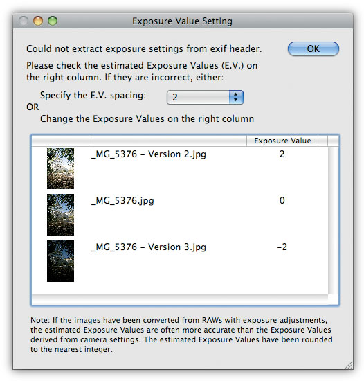 Figura 14: la finestra di regolazione dei valori EV dopo l’importazione dei file JPEG