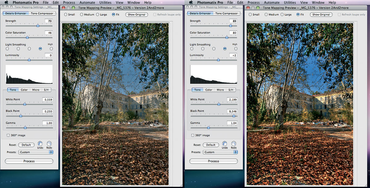 Figura 17: l’immagine prima e dopo la regolazione con Photomatix Pro. Si possono aumentare i dettagli, la saturazione, la luminosità e tante altre cose