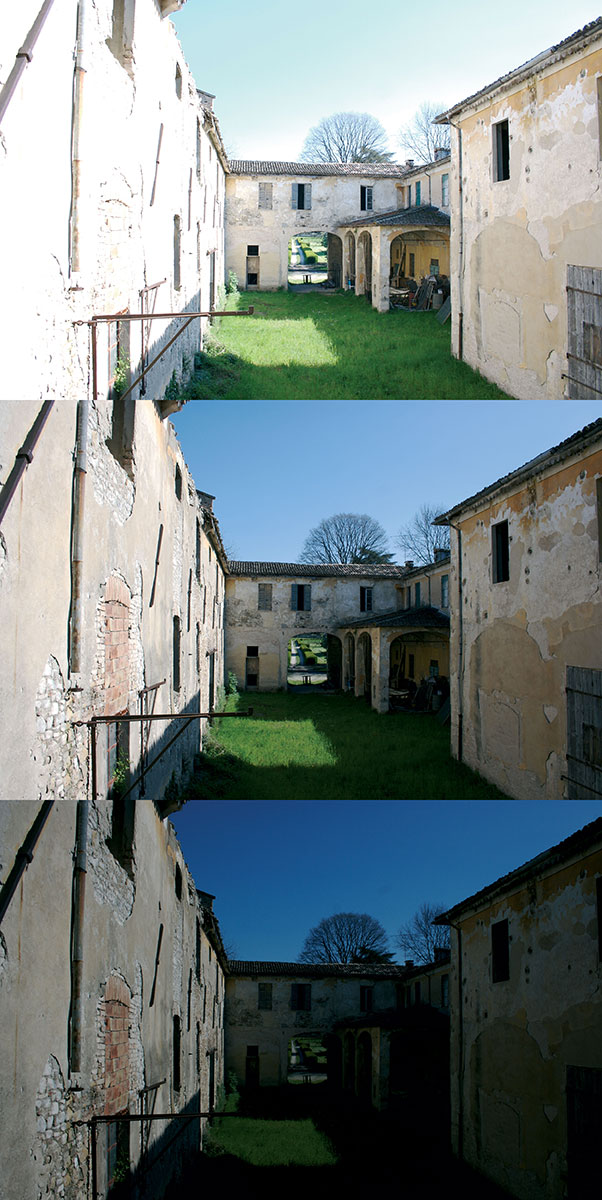Figura 2: tre immagini scattate in sequenza con l’uso del bracketing impostato a +2.0, 0 e -2.0 EV con una Canon EOS 350D a ISO 100. La prima immagine, quella sovraesposta, è stata scattata a 1/100 f.5.6, l’immagine al centro a 1/200 f.8 e l’ultima immagine, quella sotto esposta, a 1/400 f.11