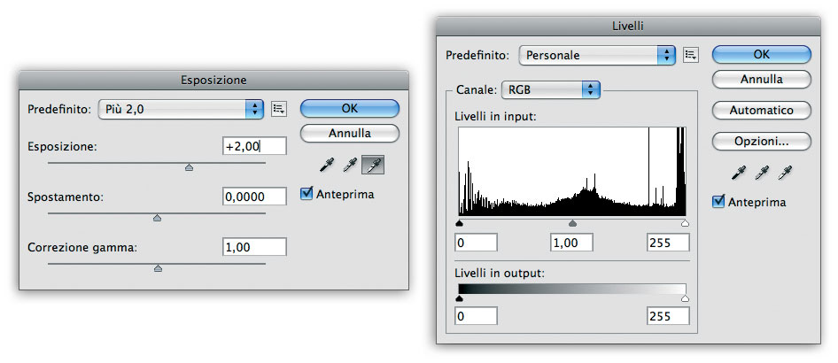 Figura 7: usate le funzioni Esposizione e Livelli prima di convertire l’immagine a 16 o a 8 bit
