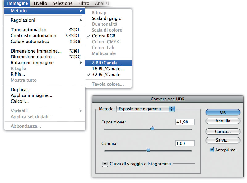 Figura 8: la conversione dell’immagine da 32 bit a 16 o a 8 bit