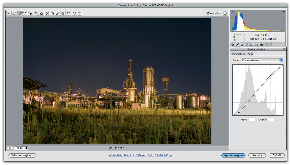 Figura 9: l’applicazione del contrasto attraverso le curve di Adobe Camera RAW 