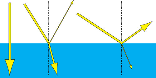 Figura 6: la luce che giunge verticale sulla superficie dell’acqua passa quasi totalmente verso il fondo. Se la luce giunge invece con una inclinazione differente, solo una parte di essa penetra verso il fondo mentre una parte viene riflessa. Quando poi il sole è molto basso all’orizzonte, la superficie del mare si comporta come uno specchio e riflette una enorme quantità di luce