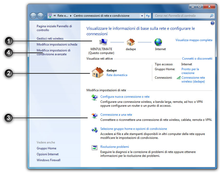 Figura 1: il Centro connessioni di rete e condivisione: il punto di controllo delle reti di Windows 7