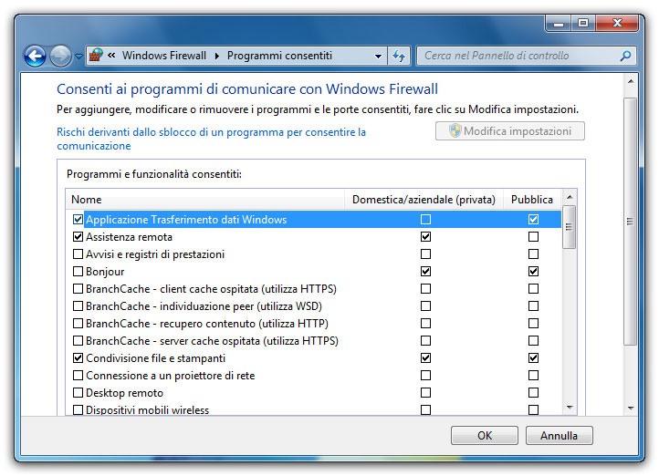 Figura 3: nella finestra di impostazione del firewall si può decidere quale programma può accedere a Internet e quale no