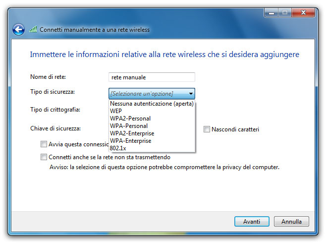 Figura 5: la connessione manuale di una rete può essere utile quando la rete non viene rilevata automaticamente