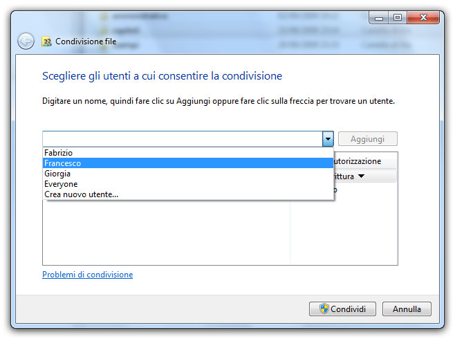 Figura 1: gli utenti presenti nel computer sono visibili nel menu a comparsa della finestra di condivisione dei file