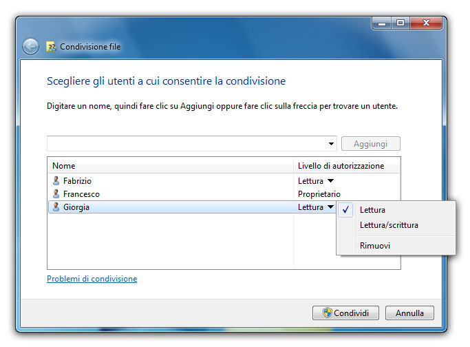 Figura 2: il menu relativo all’utente permette di selezionare i permessi di lettura e scrittura dei file