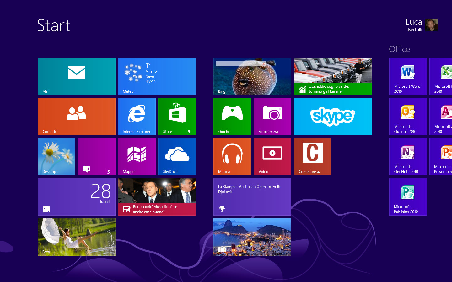Figura 1: la schermata Start di Windows 8 con la Modern UI, a destra il gruppo Office creato in precedenza 