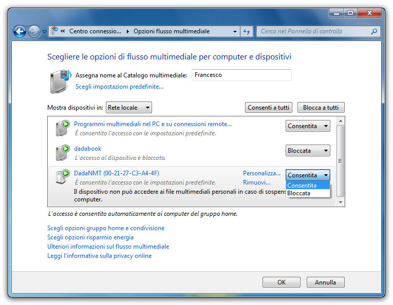 Figura 5: dalla finestra Gruppo home si può permettere ai PC e ai dispositivi multimediali della rete di riprodurre immagini, suoni e video dal catalogo multimediale