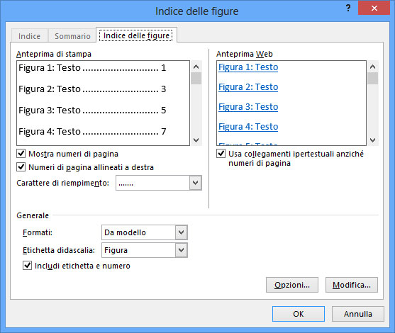 Figura 2: la finestra Indice delle figure consente di impostare l’aspetto dell’indice