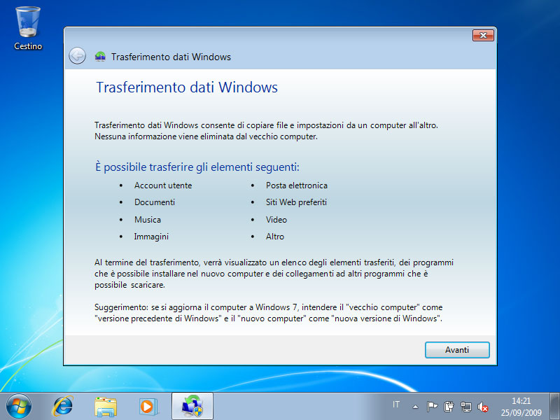 Figura 24: da Windows 7 si deve avviare il programma Trasferimento dati Windows