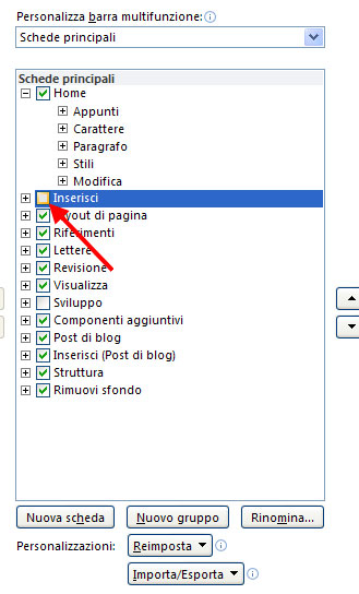 Figura 12: nascondere la scheda Inserisci