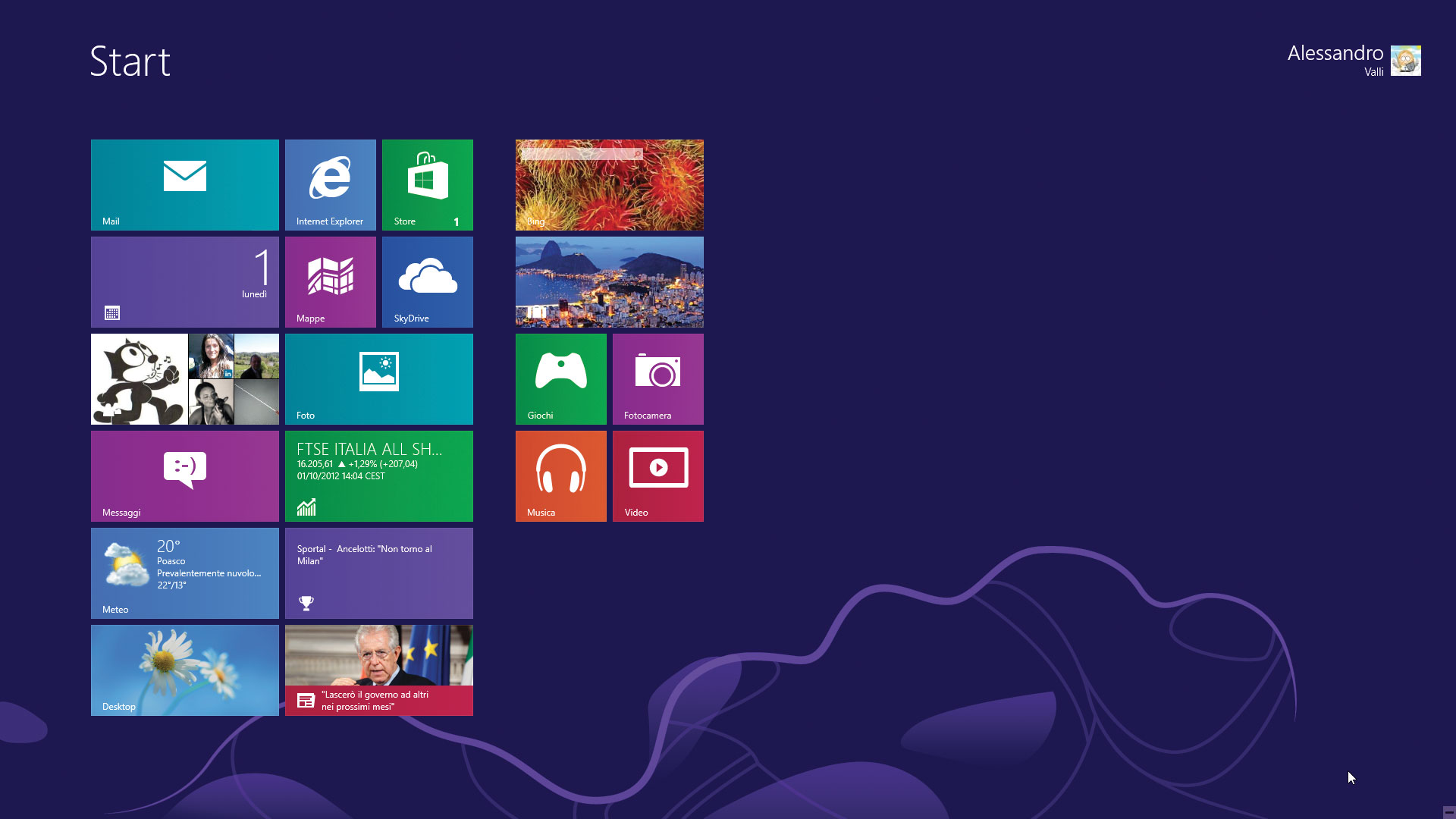 Figura 4: la schermata iniziale di Windows 8, nota come schermata Start, con i riquadri animati 