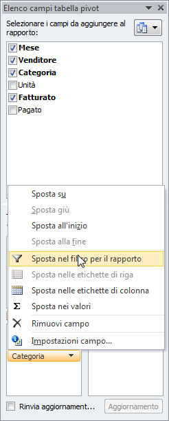 Figura 5: spostare il campo Categorie nell'area Filtro rapporto 