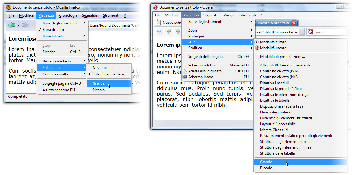 Figura 2: cambiare foglio di stile con Firefox (a sinistra) e Opera