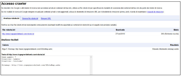 Figura 1: gestione del file Robots.txt dagli strumenti di GWT