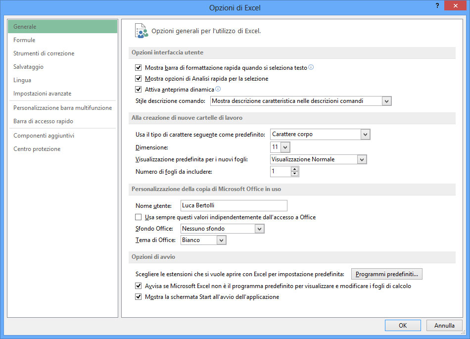 Figura 8: la finestra Opzioni di Excel