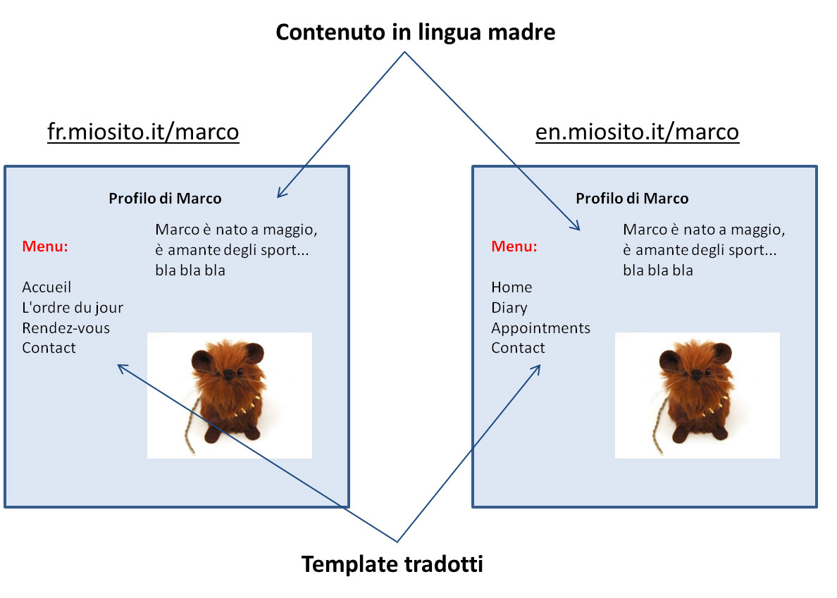 Figura 2: esempio di situazione a rischio di penalizzazione; pagine con contenuti simili ma con menu in lingue diverse