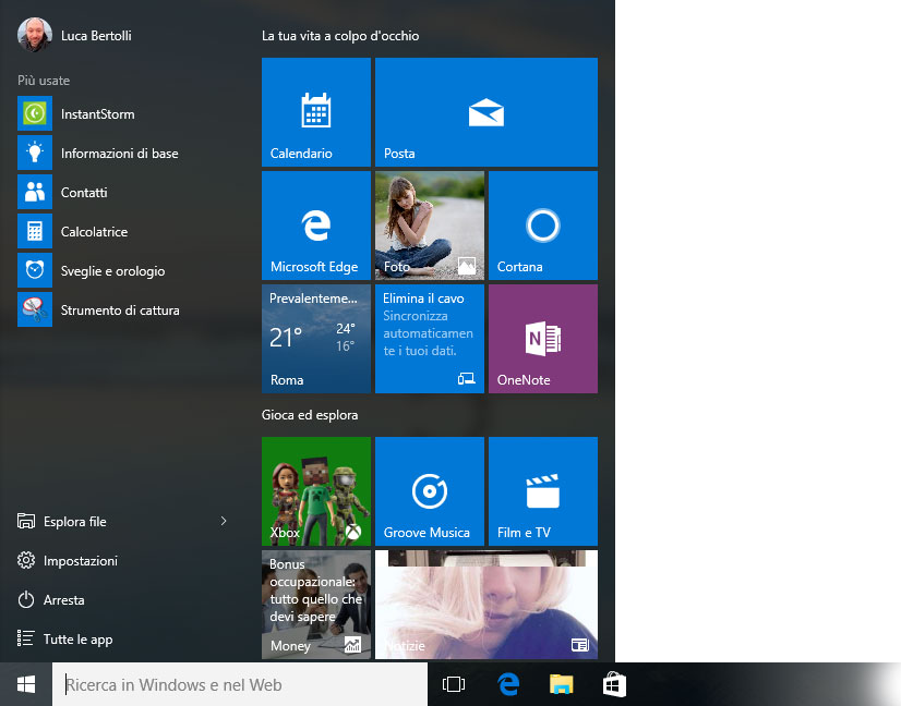 Figura 1: il nuovo menu Start di Windows 10