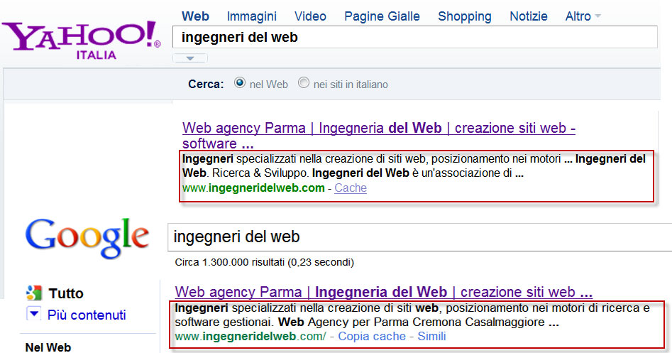 Figura 1: esempio di come il tag <description> venga utilizzato da Google e Yahoo! all’interno della SERP