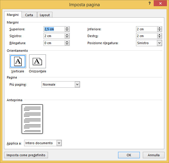 Figura 3: la finestra Imposta pagina