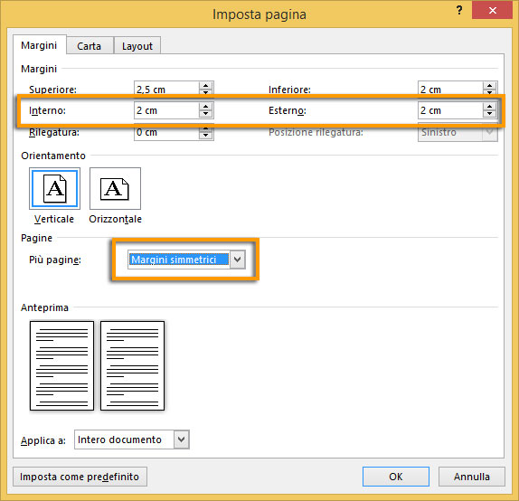 Figura 4: impostazioni per un documento con margini simmetrici