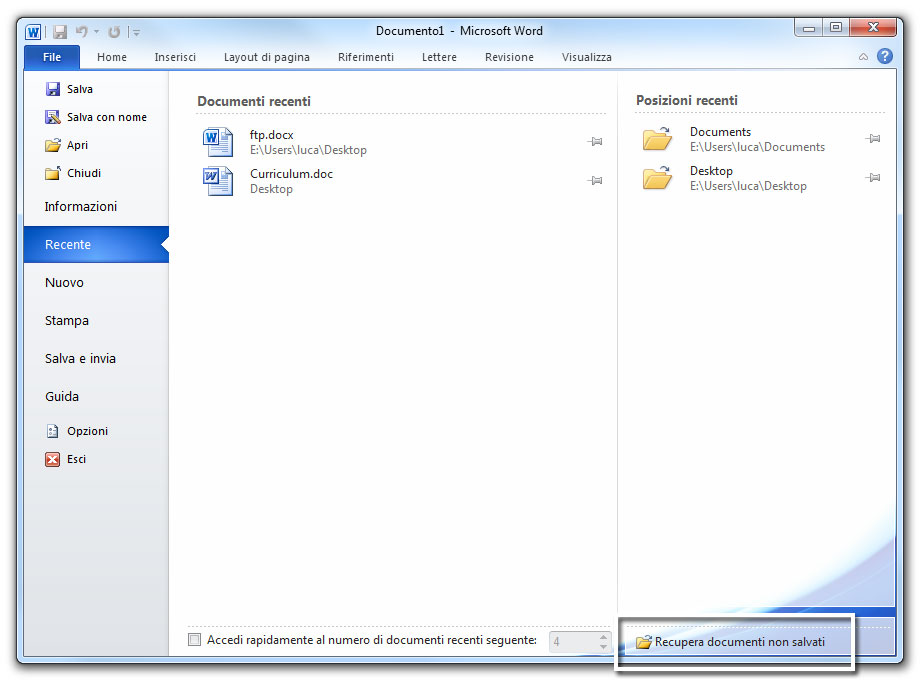 Figura 1: recuperare documenti non salvati