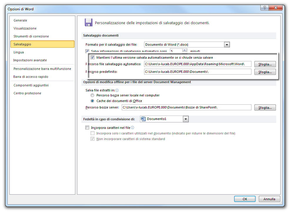 Figura 3: configurare l'autosalvataggio dell'ultimo file non salvato