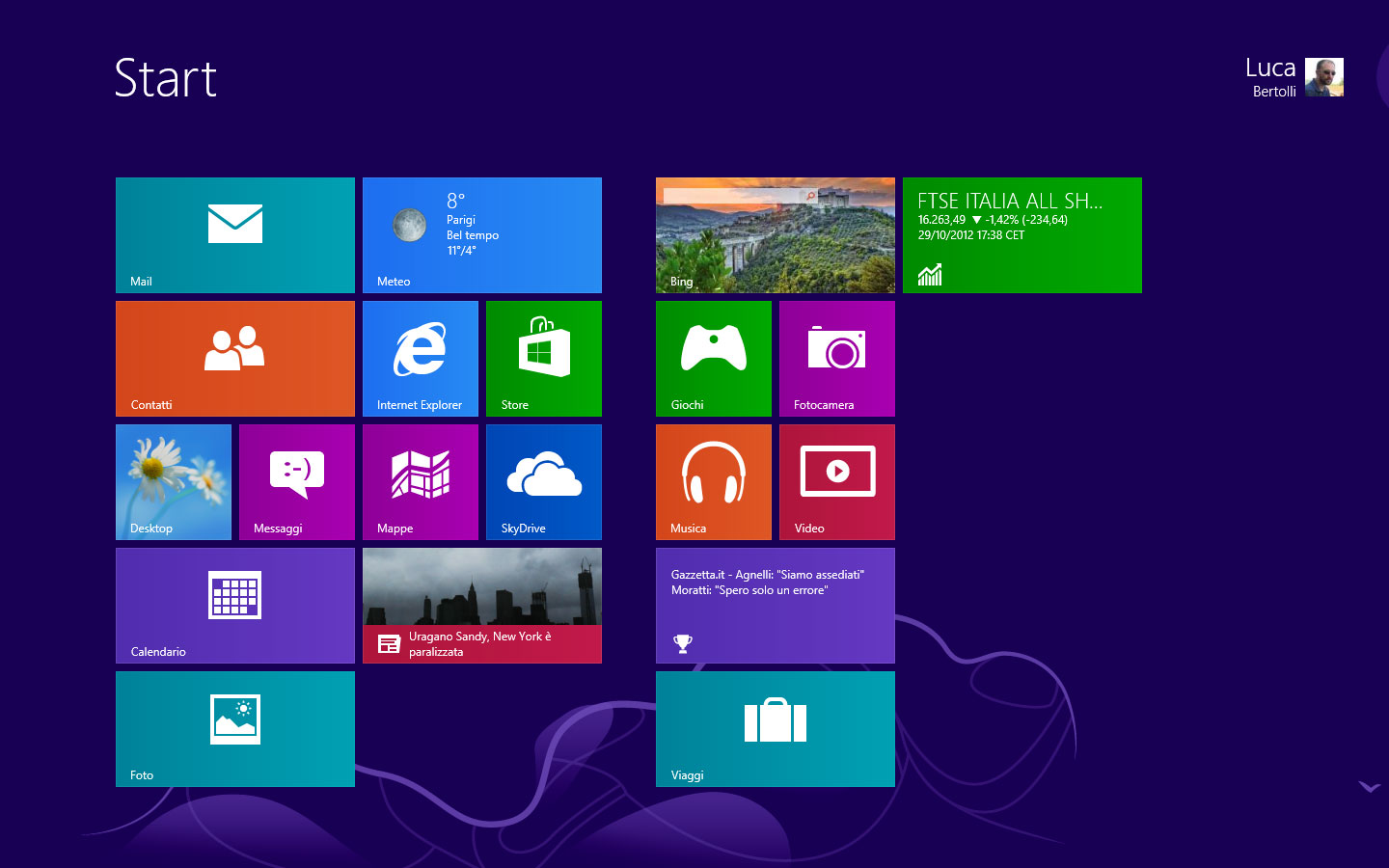 Figura 1: la schermata Start di Windows 8, alcune piastrelle sono dinamiche