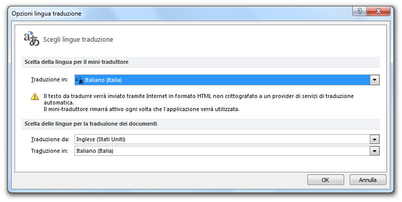 Figura 3: la finestra Opzioni lingua traduzione