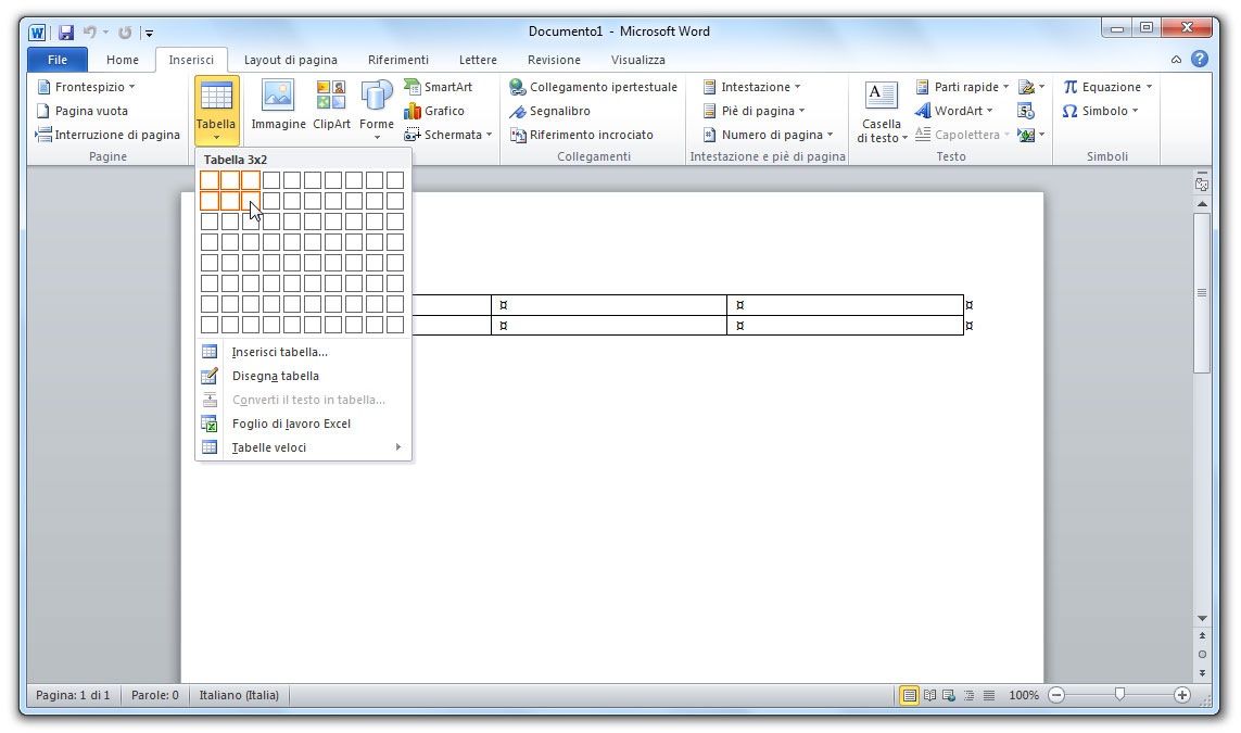 Figura 1: usare il pulsante Tabella per inserire nel documento una tabella di tre colonne e due righe